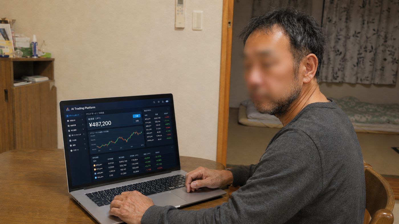 山本氏の自宅で撮影されたノートパソコンの画面。取引プラットフォームの残高が表示されている